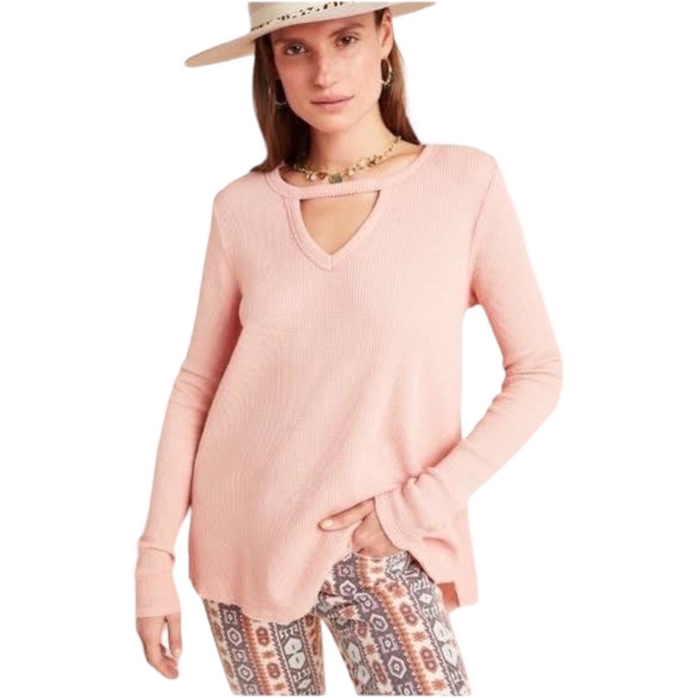 T.La Anthropologie Nadia Pink Cut-Out Waffle Tunic Top